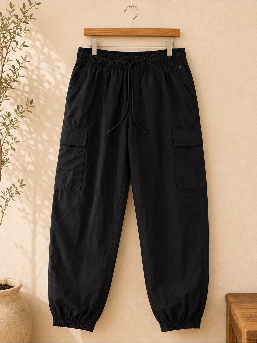 Women's Black Cargo Track Joggers with Elastic Waist